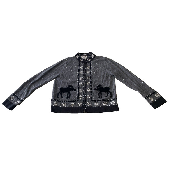 Vtg Timber Lea Cardigan Womens Medium Dark Grey Moose Holiday Zip Up Sweater - Picture 1 of 12